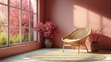 A cozy interior with a chair, pink walls, and flowering plants by a large window.