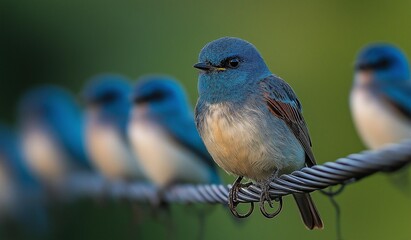 ai generated image of Hirundo rustica,It is a perching bird that is characterized by a blue top and a long deep forked tail.Lots of birds are lined up on the power lines.