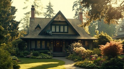 A charming house surrounded by lush gardens and trees, bathed in warm sunlight.