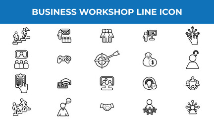 Set of Workshop web line icons, training skills seminar icon vector workshop, how to growth up and success business icon