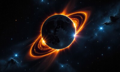 Naklejka premium Vibrant cosmic phenomenon: planet with glowing rings in deep space