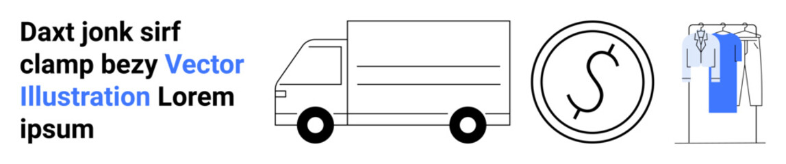 Delivery truck moving forward, currency coin sign, clothes on a rack. Ideal for ecommerce, logistics, retail, delivery services, financial transactions, online shopping wardrobe organization