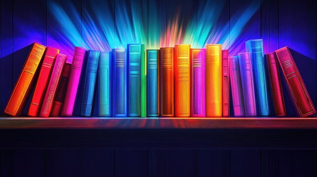 A vibrant bookshelf displaying colorful spines of books, radiating light and creativity.