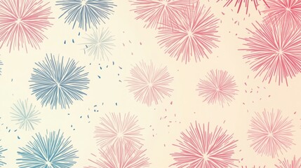 a seamless pattern of pastel-colored fireworks, small and scattered on a soft gradient background