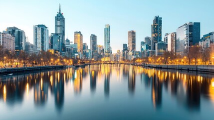 City skyline with reflections in water, illuminated at dusk.