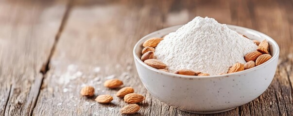 Fototapeta premium Bowl of almond flour surrounded by whole almonds on a rustic wooden table.