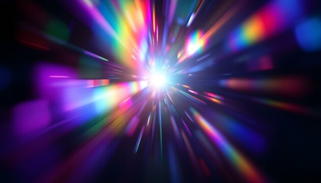 Blurred rainbow refraction overlay effect. Light lens prism effect on black background. Holographic reflection, crystal flare leak shadow overlay. Colorful rainbow disco ball light leaks texture
