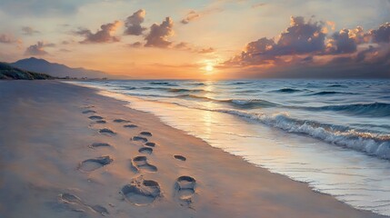 A serene beach at sunset with golden light reflecting on gentle waves, footprints trailing along the smooth sand, and soft pastel hues painting the sky, hd quality, tranquil and picturesque.