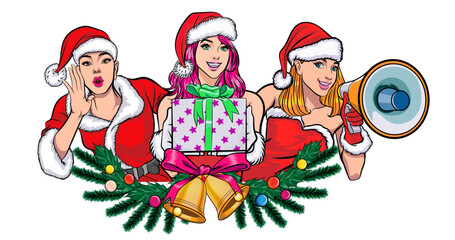 merry christmas santa and snowman elf with Christmas girl in red dress in pop art comic style