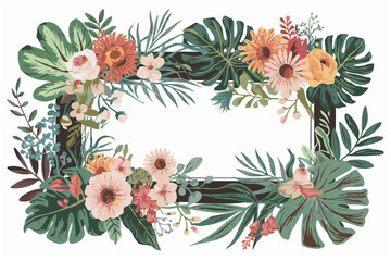 Vector illustration floral frame featuring a variety of colorful flowers, spring flowers botanical design elements, easily edtable.