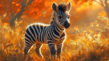 A young zebra stands in a vibrant autumn landscape, surrounded by golden foliage.