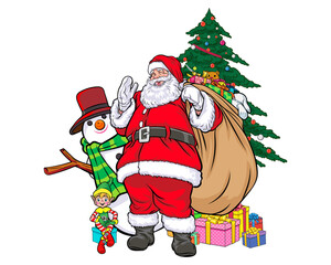 merry christmas santa and snowman reindeer elf in pop art comic style