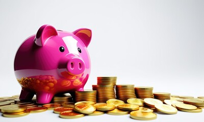Pink piggy bank with gold coins: financial savings and wealth concept