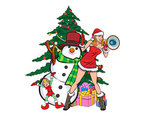 merry christmas santa and snowman elf with Christmas girl in red dress in pop art comic style