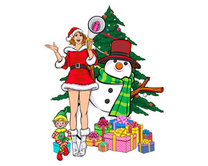 merry christmas santa and snowman elf with Christmas girl in red dress in pop art comic style