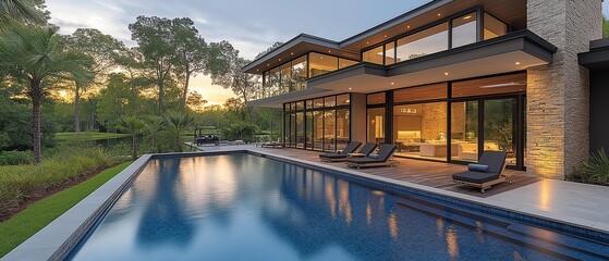 Fototapeta premium AI generator image of house on the water, a mix of Roman style, with wooden modern ceilings, exterior waterfall, stone beige color pillars, windows from bottom to top in tinted glass, large pool style