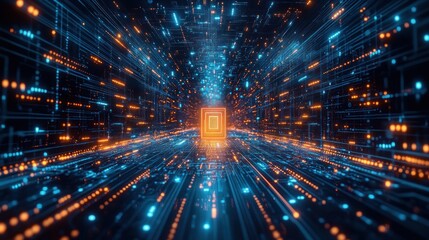 Naklejka premium A digital landscape depicting a glowing processor amidst flowing data streams.