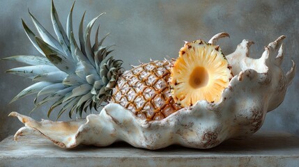 Obraz premium A pineapple rests inside a large seashell, showcasing a unique food presentation.