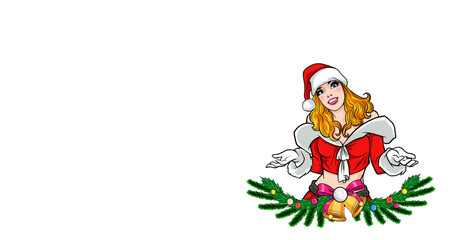 merry christmas santa and snowman elf with Christmas girl in red dress in pop art comic style
