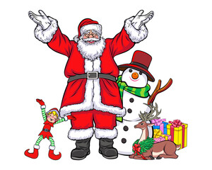 merry christmas santa and snowman reindeer elf in pop art comic style