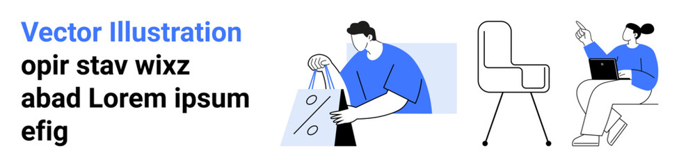 Three individuals performing different actions, including exercising with a laptop, carrying shopping bags, and sitting on a chair. Ideal for digital marketing, advertising, lifestyle blogs