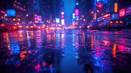 Obraz premium A rainy urban scene at night, showcasing vibrant reflections and colorful lights on the pavement.