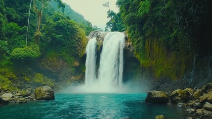 Fototapeta premium A stunning waterfall cascading into a serene pool surrounded by lush greenery.