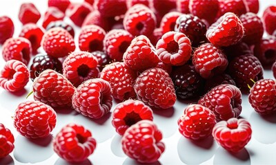 Fresh ripe raspberries on white background featuring bright red colors and juicy texture