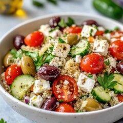 A refreshing and zesty Mediterranean quinoa salad with cherry tomatoes, cucumbers, olives