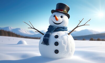 Obraz premium Cheerful snowman on sunny winter day