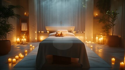 A serene spa environment with a treatment table covered in clean white linens, surrounded by aromatic candles, soft music playing in the background, and dim lighting enhancing the luxurious ambiance,