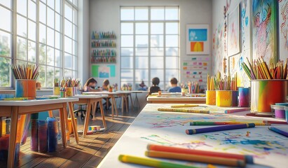 AI generated image of classroom setup with art and craft supplies pastels and crayons in white art classroom, pastels all on floor and marked up white tables, with crayon wrappers on floor
