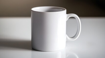Obraz premium A plain white mug with a handle, placed on a white surface. The mug appears to be made of ceramic or porcelain and is positioned so that the handle is on the right side.