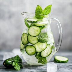 A refreshing cucumber and mint water served in a clear glass pitcher, with slices of cucumber and mint leaves, Cucumber mint water centered