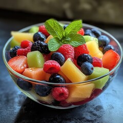 A refreshing fruit salad featuring a mix of berries, melons, and mint leaves