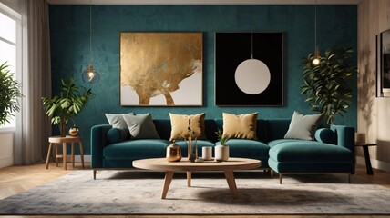 Modern Living Room with Teal Walls and Mid-Century Decor V7