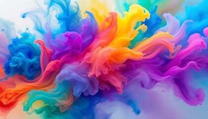 Colorful rainbow paint drops from above mixing in water. Ink swirling underwater. Cloud of ink isolated on black background. Colored abstract smoke explosion effect background