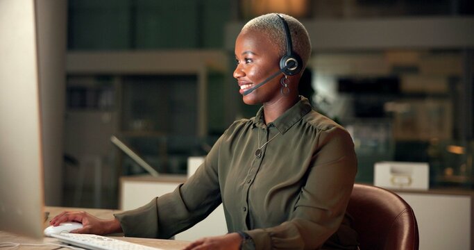 Call center, telemarketing and happy black woman on computer, listen or help desk at night. Consulting, insurance agent or customer service for support, business advice or lead generation on overtime