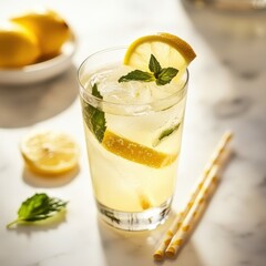 Fototapeta premium A refreshing glass of lemonade with a lemon slice and mint leaves, served in a sleek glass, Lemonade centered