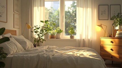 A stylish minimalist bedroom with a bed covered in soft beige linens and fluffy pillows, a mid-century modern bedside lamp, a simple wooden dresser, and large windows with a soft glow, hd quality,