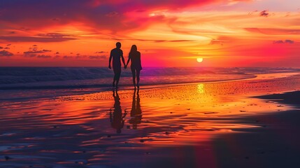 Fototapeta premium Couple Walking on Beach at Sunset