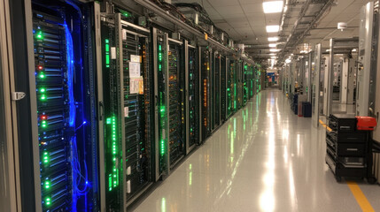 Fototapeta premium Database. A high-tech data center filled with server racks, illuminated by green and blue lights, showcasing a modern computing environment.