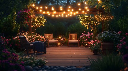 Obraz premium A tranquil garden patio at dusk, with wooden chairs layered with cozy blankets, string lights glowing softly, potted plants and colorful blooming flowers lining the edges,
