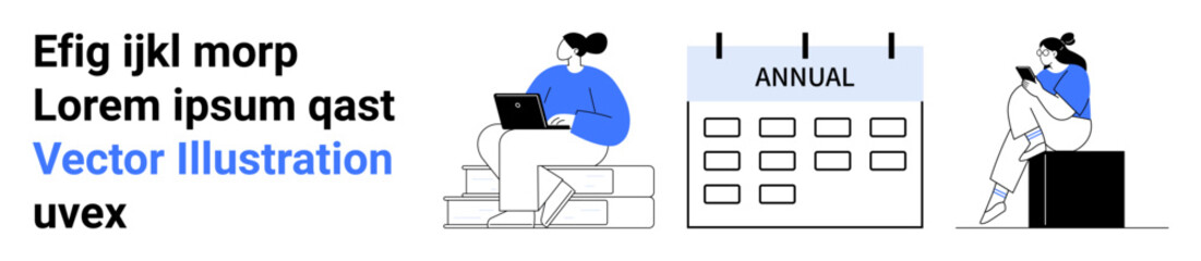 Two individuals working on digital devices, one on a laptop and another on a tablet, with an annual calendar in between. Ideal for remote work, time management, productivity, planning, teamwork