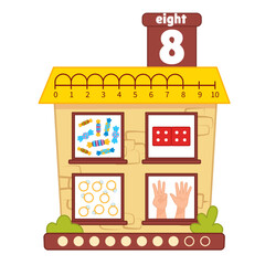 Counting educational children material. Cartoon house for teaching children ordinal numbers.
