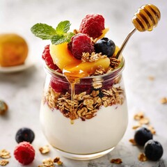 A refreshing Greek yogurt and honey parfait with layers of granola and fresh berries, served in a glass jar, Parfait centered with a drizzle of honey