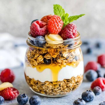 A refreshing Greek yogurt and honey parfait with layers of granola and fresh berries, served in a glass jar, Parfait centered with a drizzle of honey