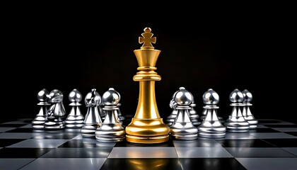 Golden chess queen standing prominently among silver pieces on a chessboard, representing le
