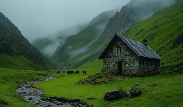 AI generator images of green mountains and old stone house on top of grassy hills  rocks and Fog surrounds the area, and a river flows down from behind one mountain another island with high cliffs