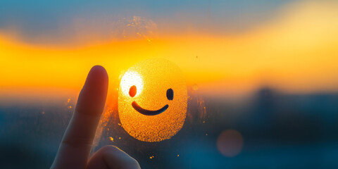 finger with doodle smile on sunset foggy glass window
